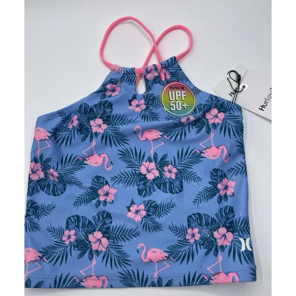 Hurley Tankini Top Girls Kids Youth Size 7 Blue Pink Flamingos UPF‎ 50+